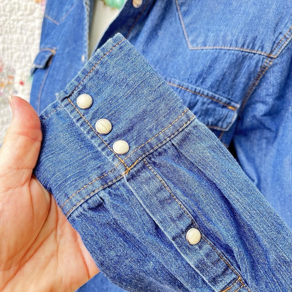 Upcycled Re-worked Levis Stretch Denim Snap Front Western Ruffle Collar Shirt M - Picture 5 of 10